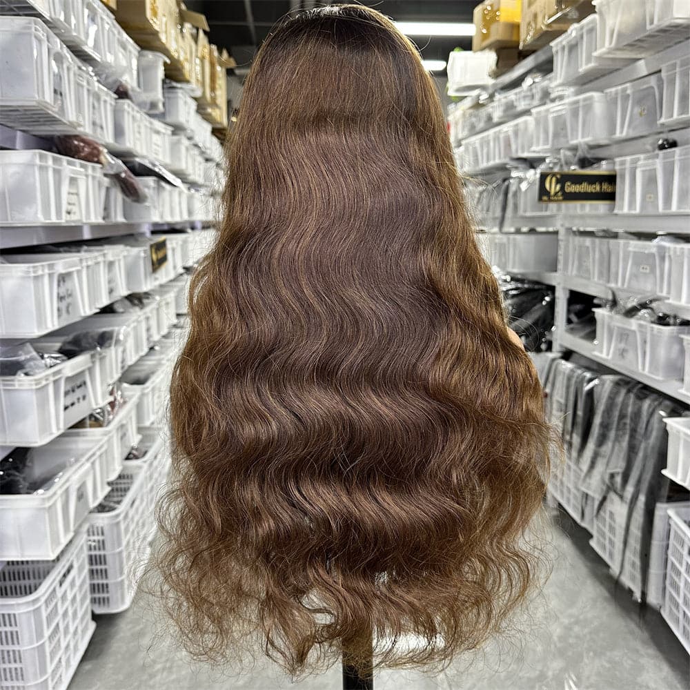 5x5 transparent lace closure glueless body wave wig ombre brown color - Goodluck Hair