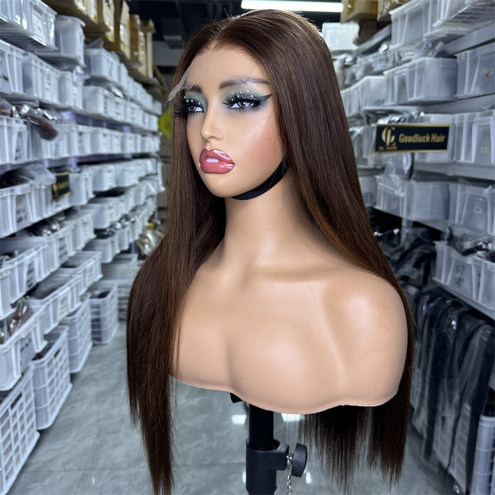HD lace closure 4x4 glueless wig brown color 180% density - Goodluck Hair