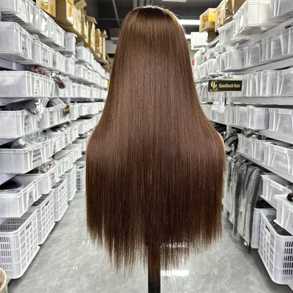 HD lace closure 4x4 glueless wig brown color 180% density - Goodluck Hair