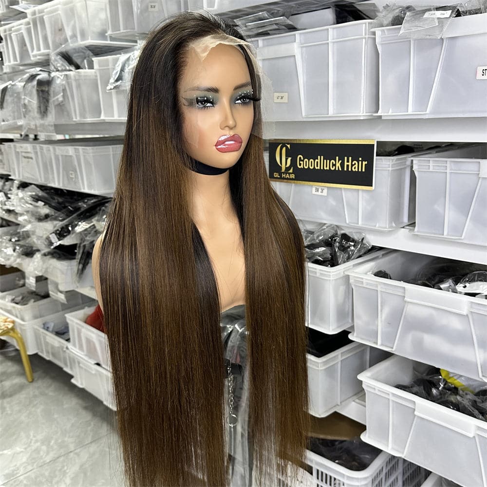 HD Lace Preplucked Full Frontal 13x4 Wig Unprocessed Human Hair Ombre Brown Color - Goodluck Hair