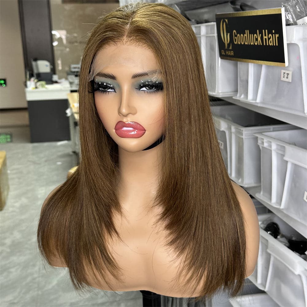 Brown color transparent 5x5 lace closure straight layer cut 180% density wig - Goodluck Hair