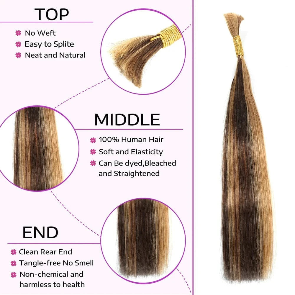 Straight Braiding Human Hair For Crochet Boho Braids Highlight P4/27 Micro Knotless Bohemian Braid Double Drawn Hair Bulk - Goodluck Hair