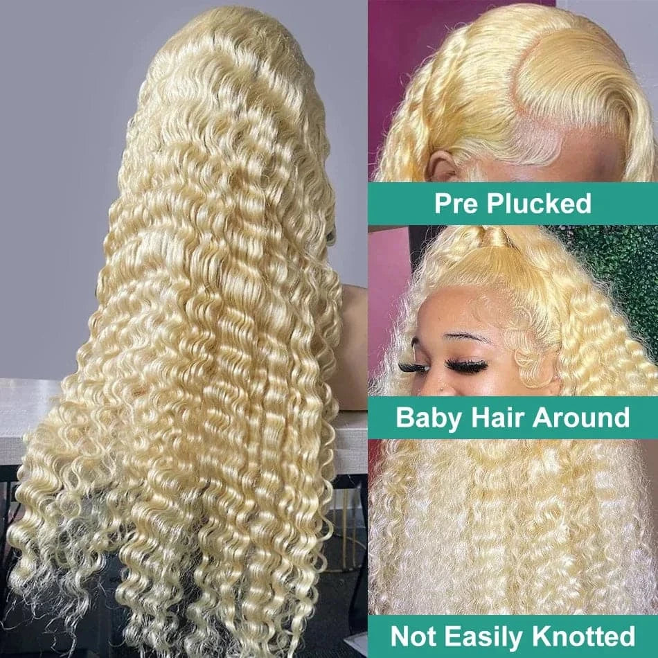 13x4 Transparent Full Frontal Wig Deep Wave 180% Density 613 Blonde Color