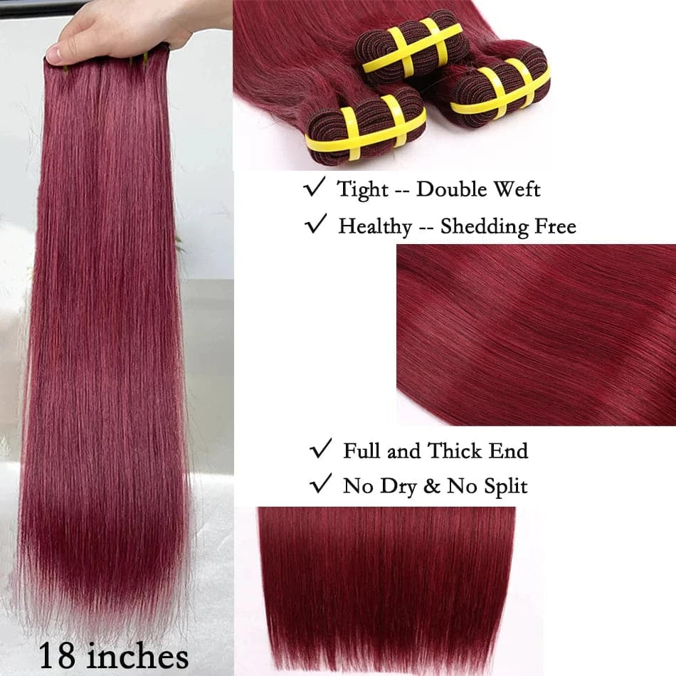 Bone Straight 99J Burgundy Human Hair Bundles Red Colored 10A Brazilian 100% Virgin Human Hair Weave Extensions For Women - Goodluck Hair