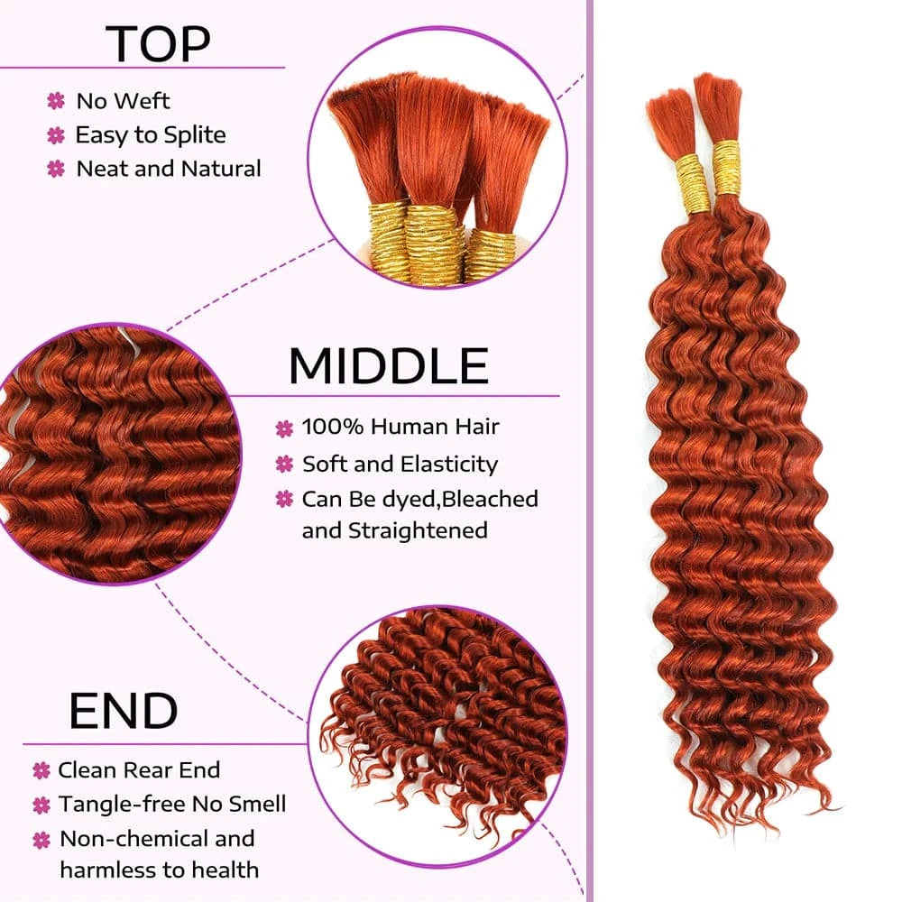 Deep Wave Human Hair For Boho Knotless Braids 350# Ginger Color Crochet Micro Bohemian Braids Double Drawn Bulk Hair - Goodluck Hair