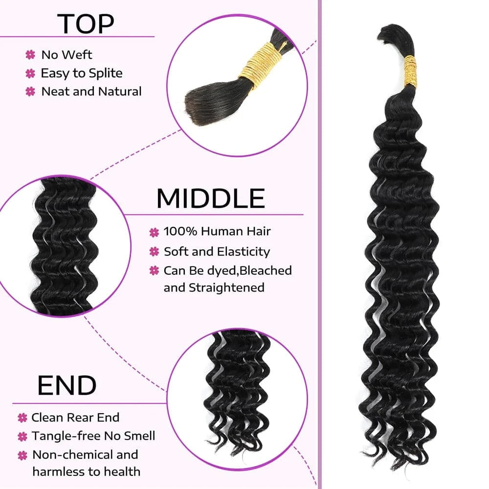 Deep Wave Human Braiding Hair For Crochet Micro Knotless Bohemian Double Drawn Bulk Hair 1B Color - Goodluck Hair