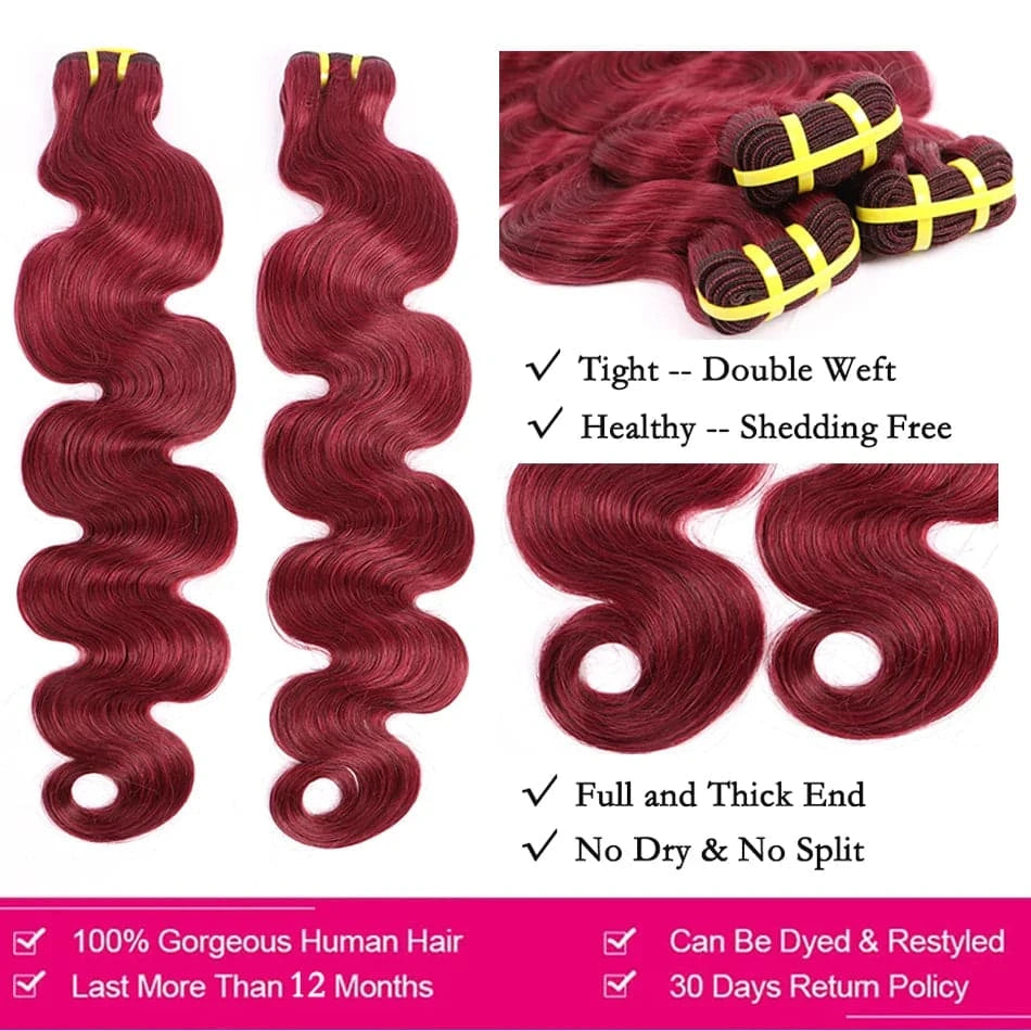 Body Wave 99j Burgundy Human Hair Bundles Red Colored Brazilian 10A 100% Raw Virgin Human Hair Weave Extensions For Women - Goodluck Hair