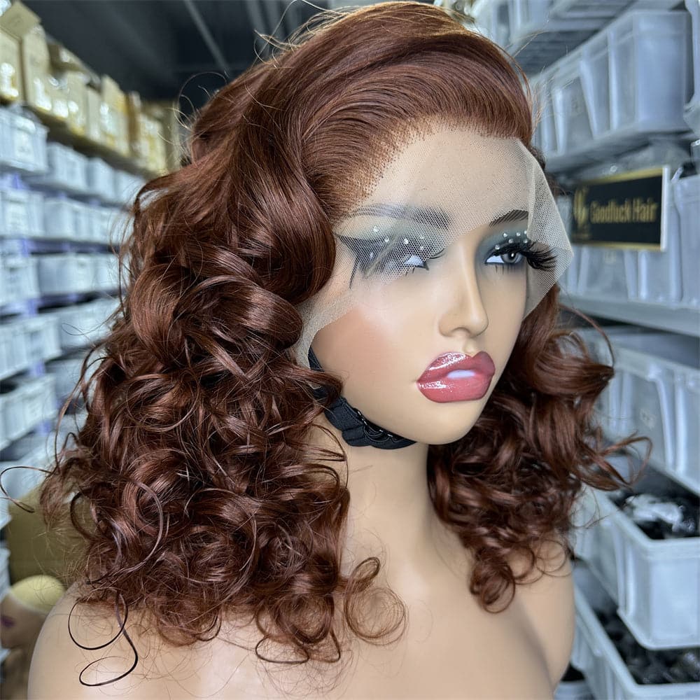13x4 Transparent Full Frontal Lace Super Double Drawn 33# Brown Color Bouncy Loose Wave Lace Wig - Goodluck Hair