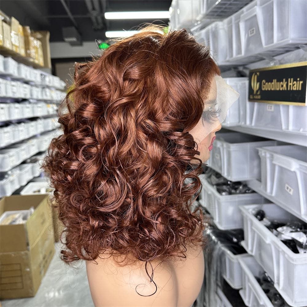 13x4 Transparent Full Frontal Lace Super Double Drawn 33# Brown Color Bouncy Loose Wave Lace Wig - Goodluck Hair