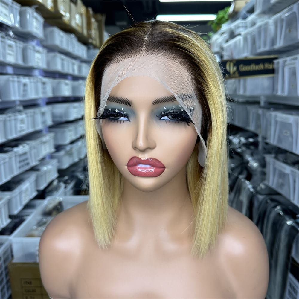 Full Frontal 13x4 BOB Wig Super Double Drawn Ombre T4/27# Color Bone Straight - Goodluck Hair