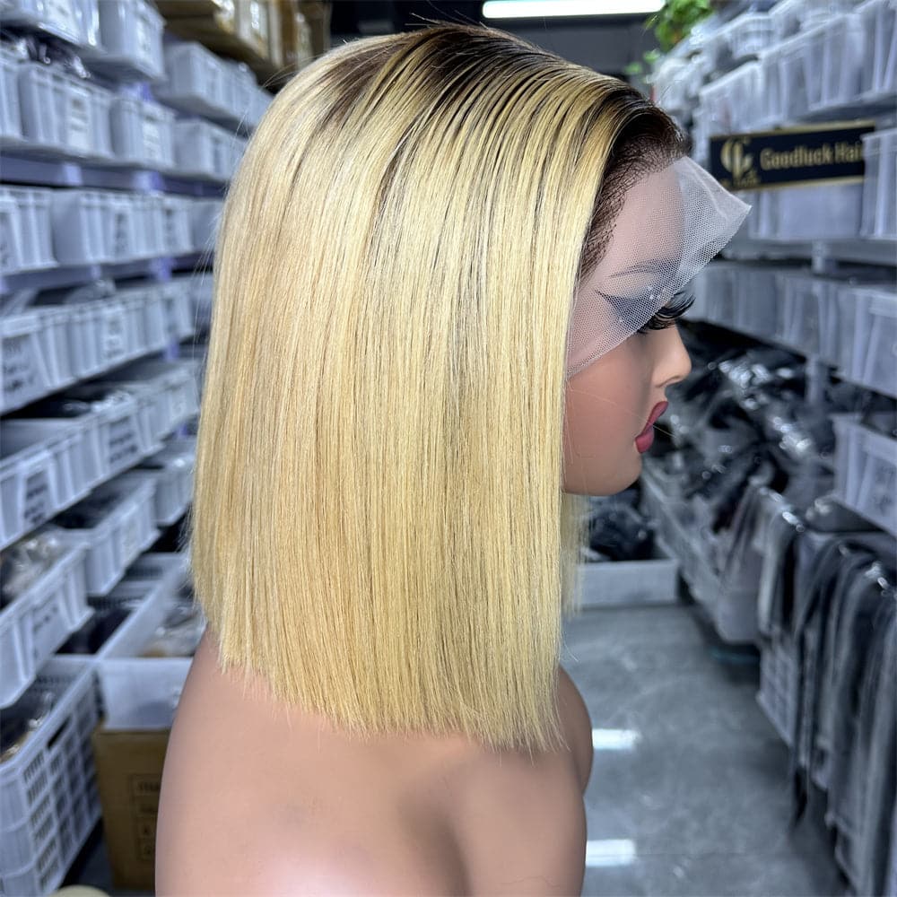 Full Frontal 13x4 BOB Wig Super Double Drawn Ombre T4/27# Color Bone Straight - Goodluck Hair
