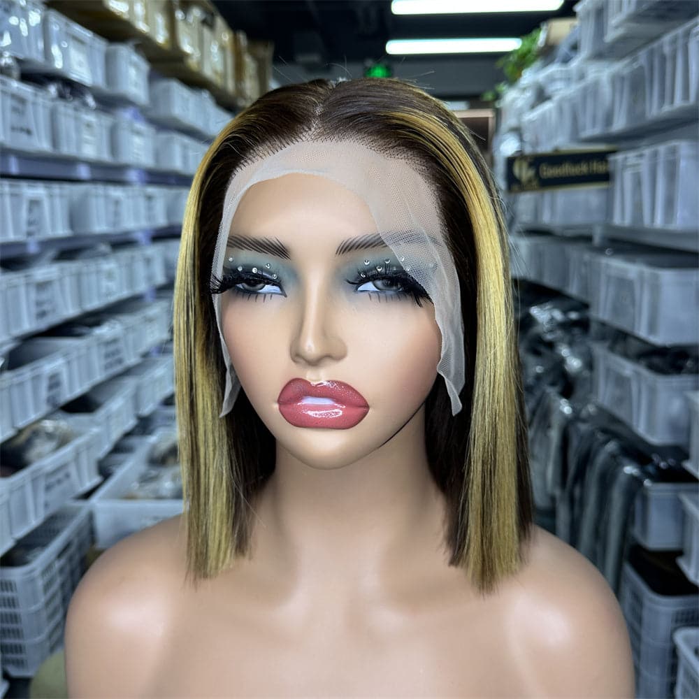 Full Frontal 13x4 BOB Wig Super Double Drawn Piano Highlight Color Bone Straight - Goodluck Hair
