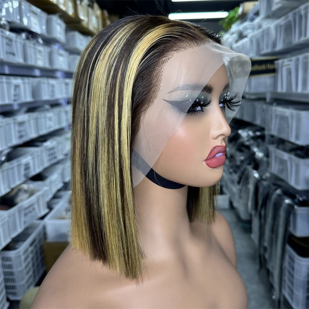Full Frontal 13x4 BOB Wig Super Double Drawn Piano Highlight Color Bone Straight - Goodluck Hair