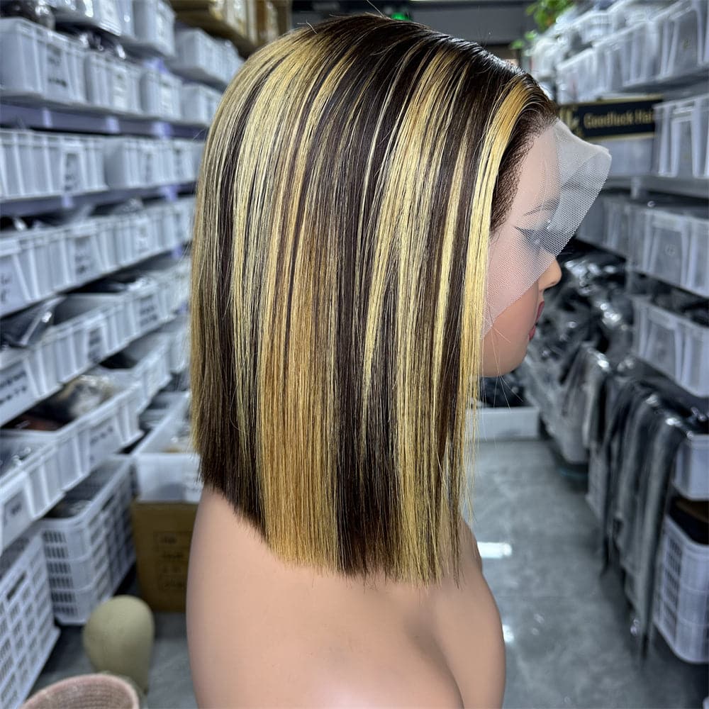 Full Frontal 13x4 BOB Wig Super Double Drawn Piano Highlight Color Bone Straight - Goodluck Hair