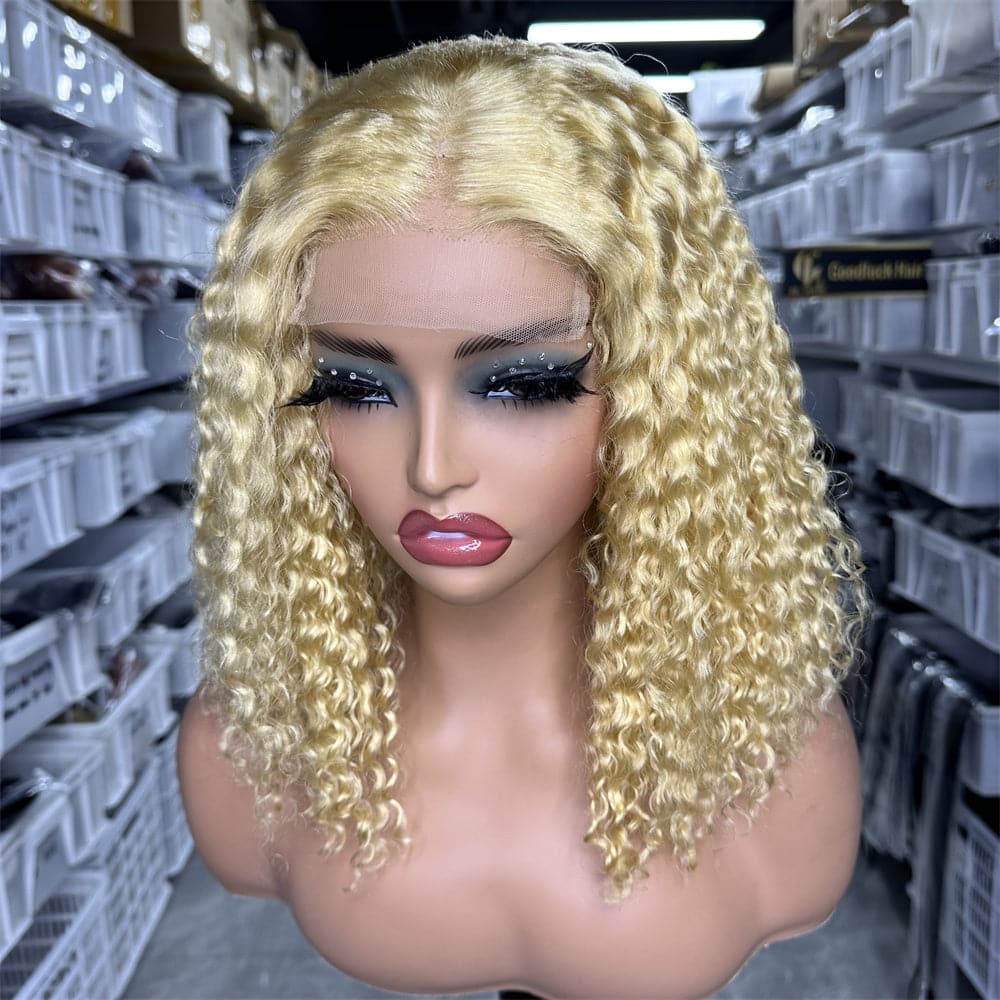 613# blonde color transparent 4x4 lace closure curly bob wig - Goodluck Hair