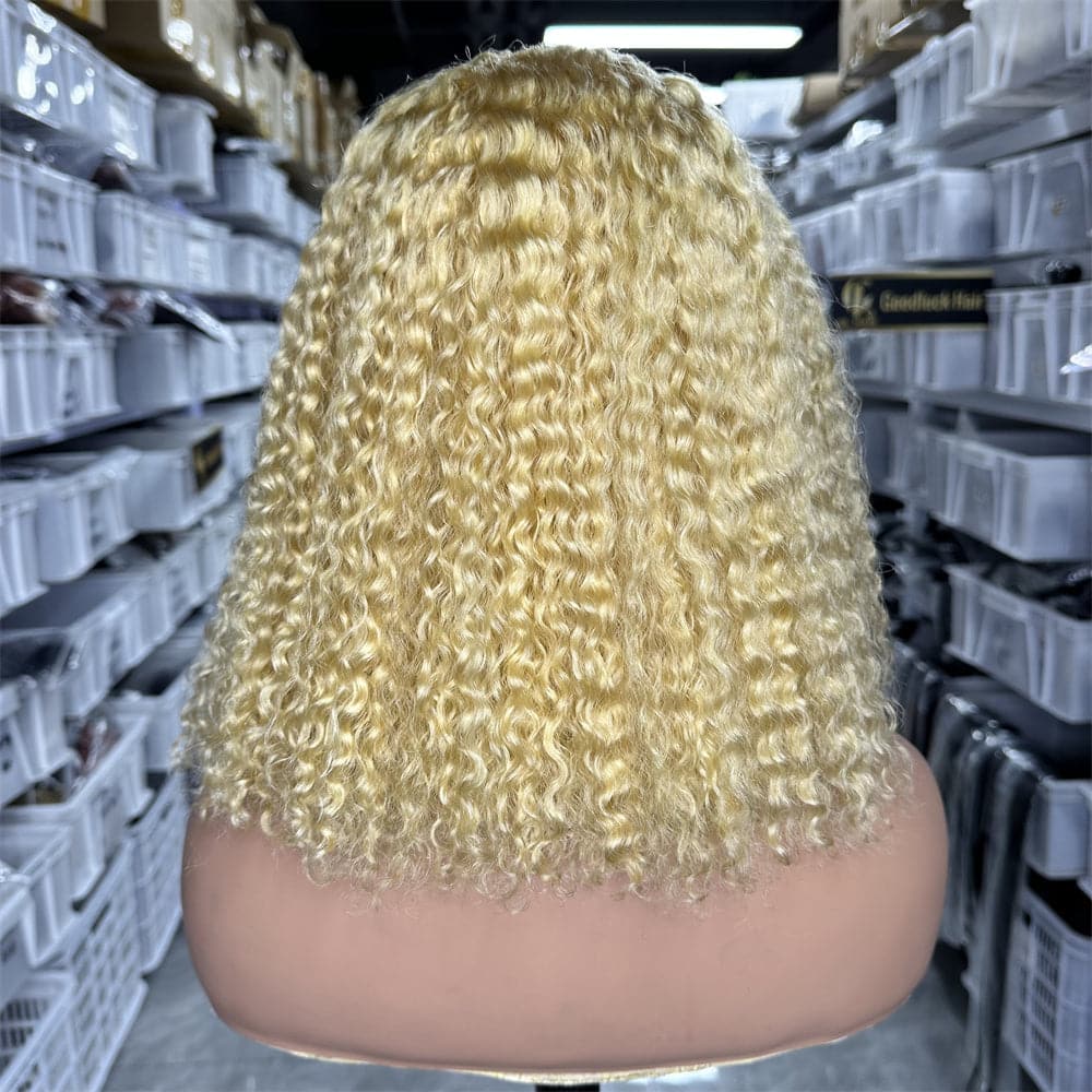 613# blonde color transparent 4x4 lace closure curly bob wig - Goodluck Hair
