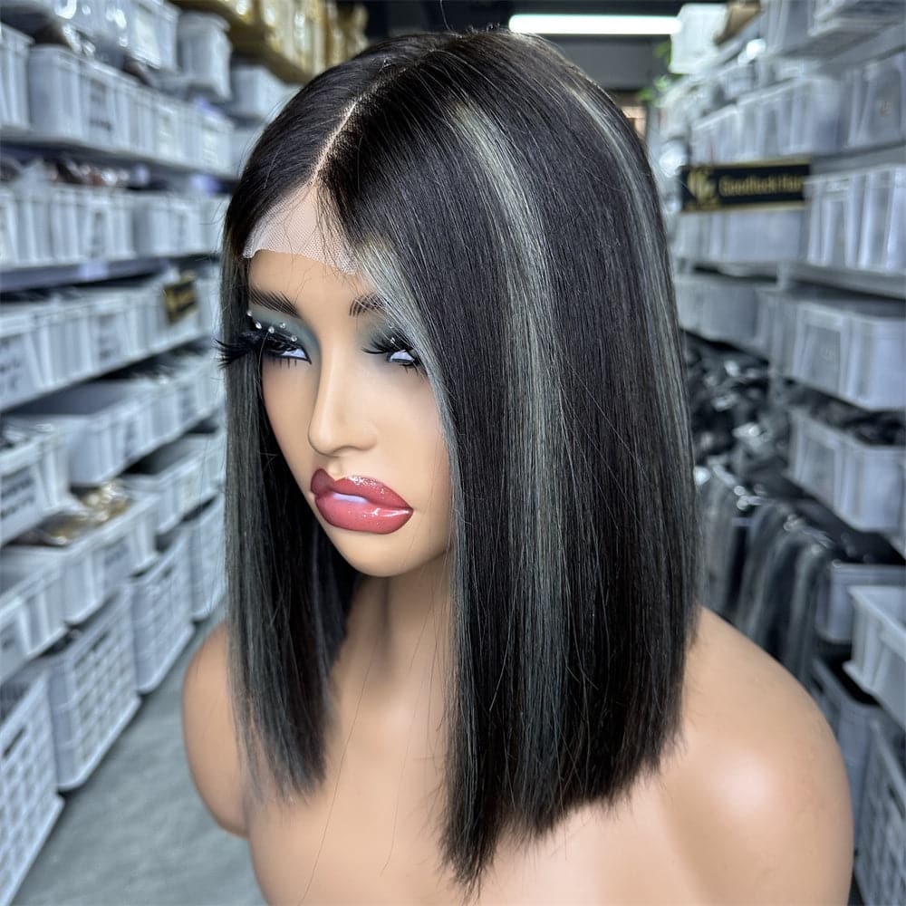 SDD 2x6 Kim K bob wig Grey highlight color 250% density - Goodluck Hair