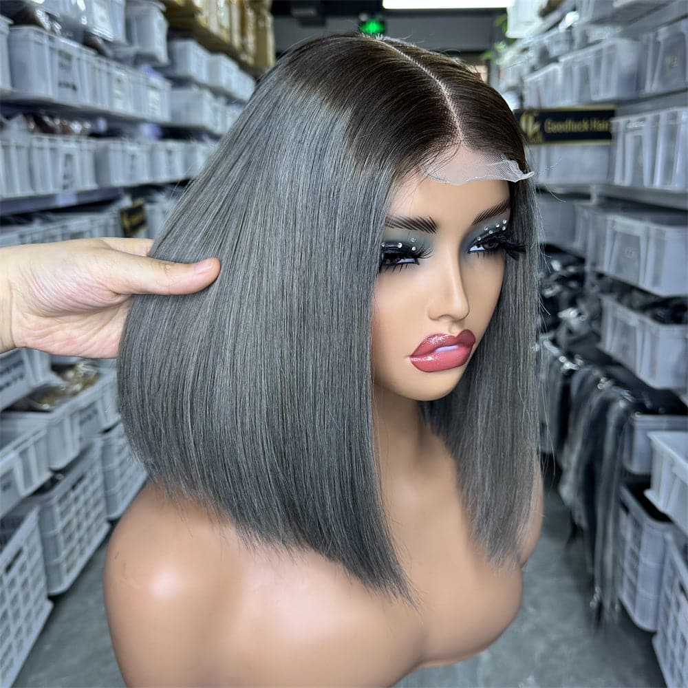 SDD 2x6 Kim K bob wig ombre grey color 250% density - Goodluck Hair