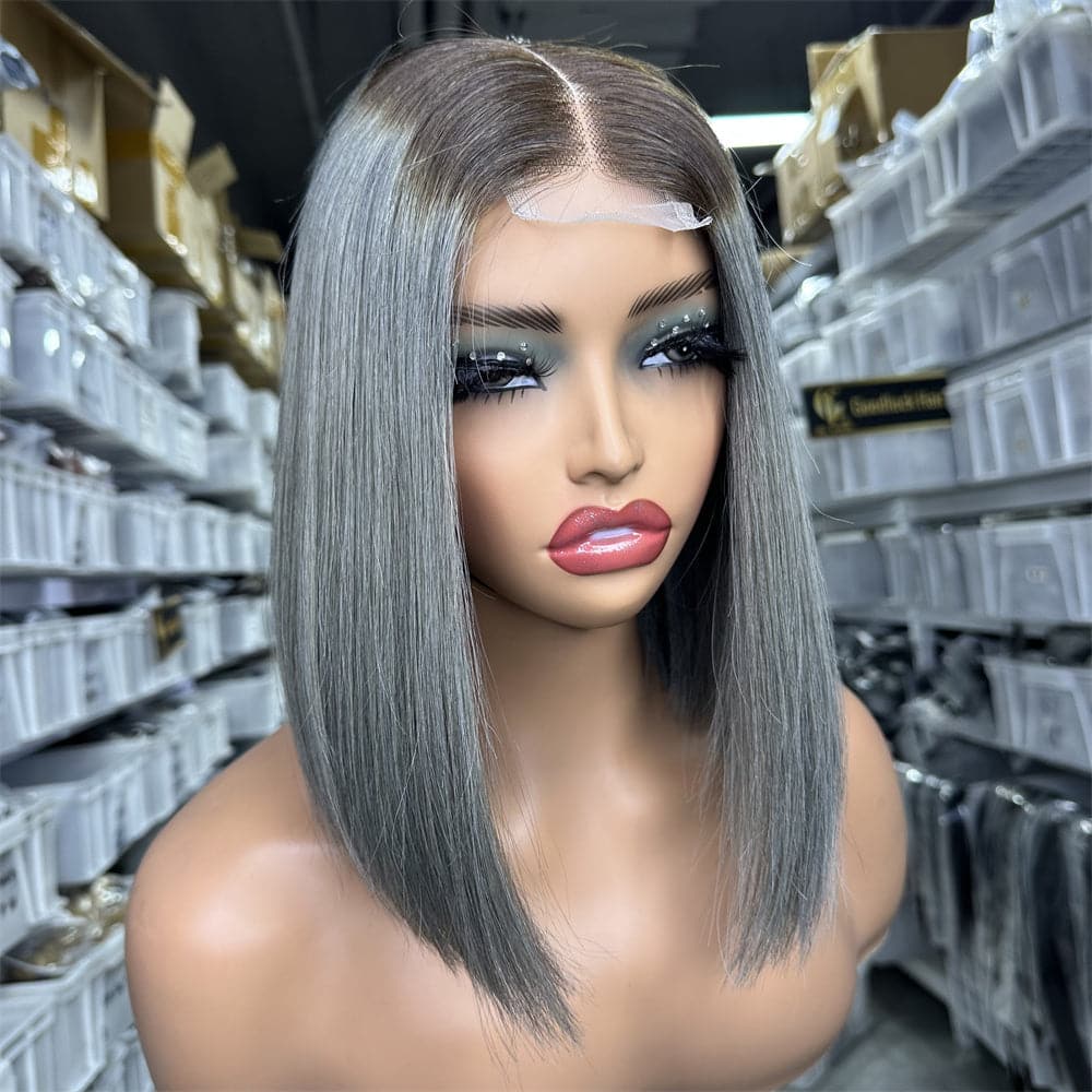 SDD 2x6 Kim K bob wig ombre grey color 250% density - Goodluck Hair