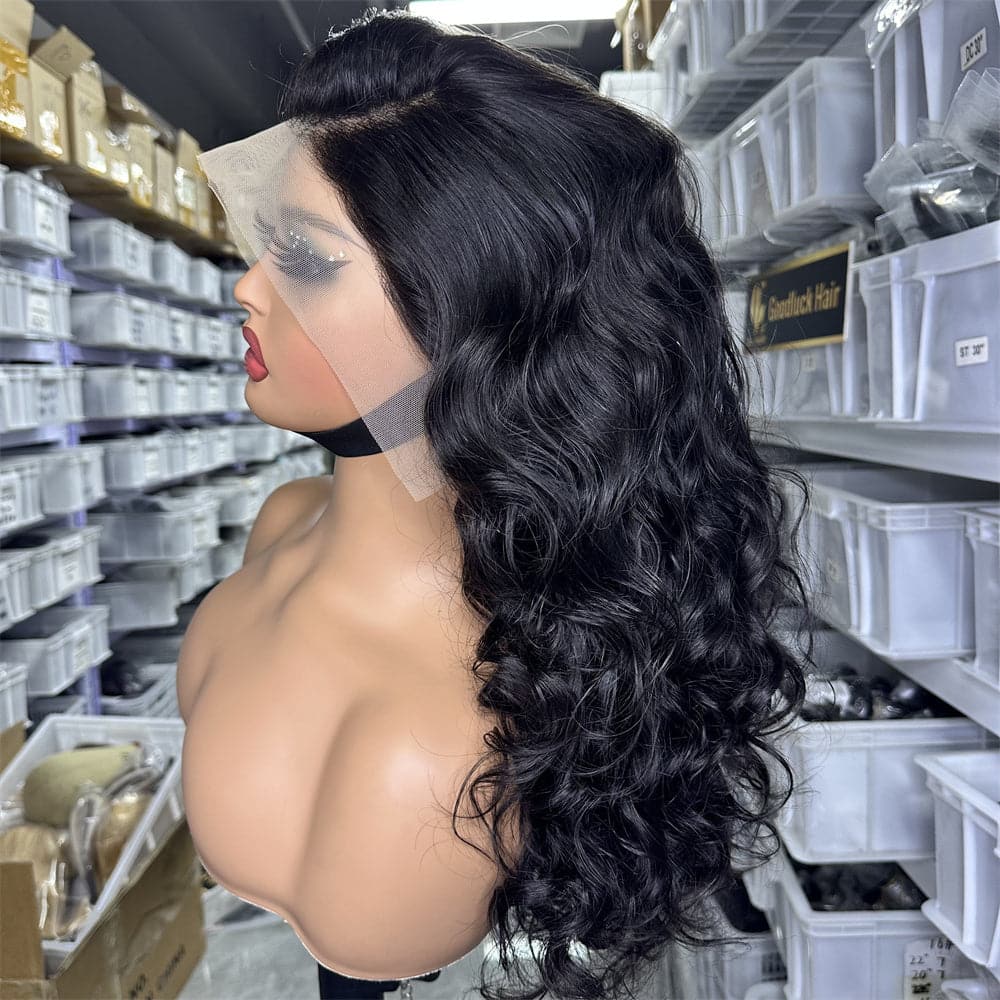 13x4 Transparent Full Frontal Lace Bouncy Loose Wave Wig 1b Natural Black Color - Goodluck Hair