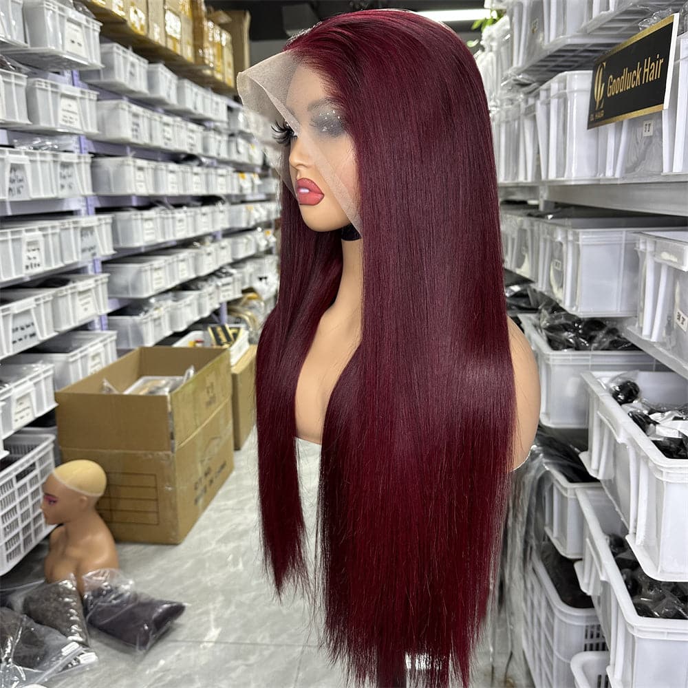 SDD 13x4 transparent full frontal wig bone straight 99j color - Goodluck Hair