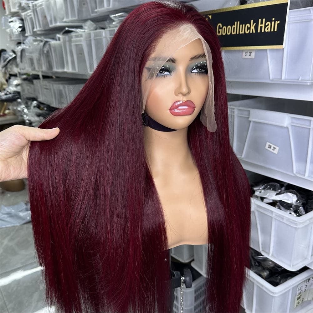 SDD 13x4 transparent full frontal wig bone straight 99j color - Goodluck Hair