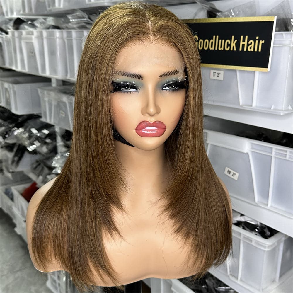 Brown color transparent 5x5 lace closure straight layer cut 180% density wig - Goodluck Hair