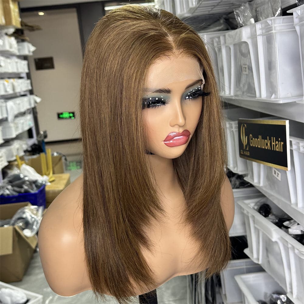 Brown color transparent 5x5 lace closure straight layer cut 180% density wig - Goodluck Hair