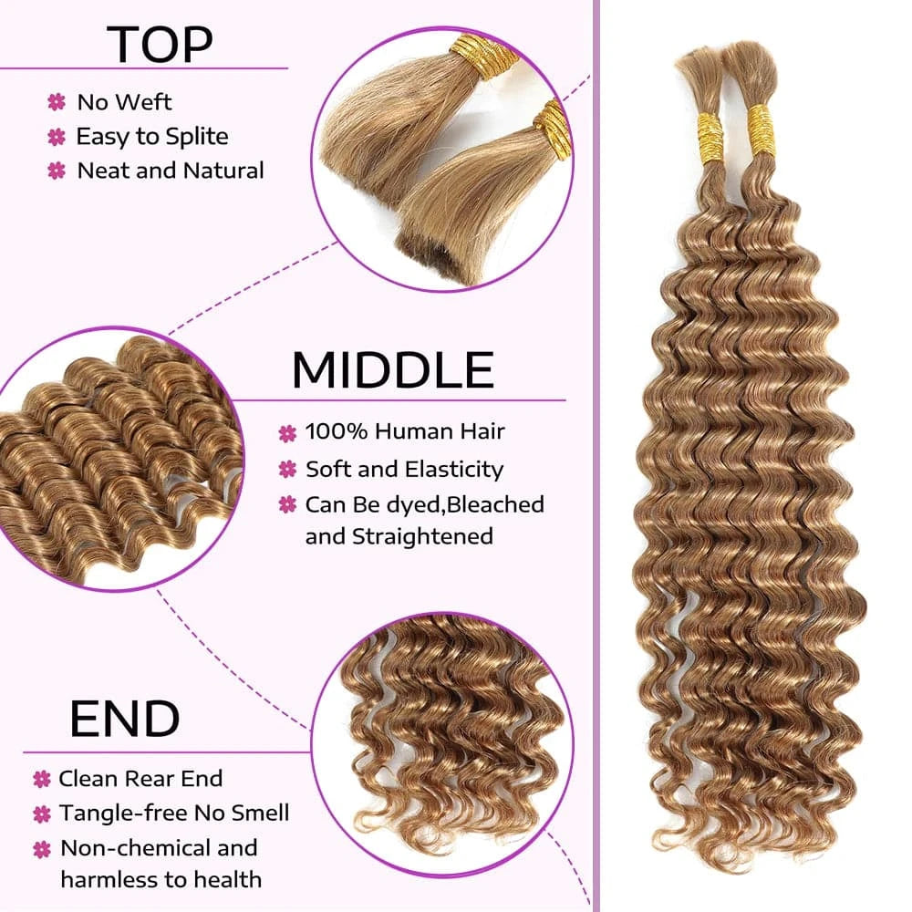 27# Deep Wave Bulk Human Hair For Braiding Honey Blonde Double Drawn - Goodluck Hair