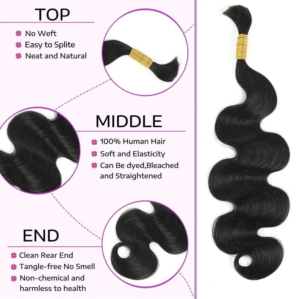 Body Wave Human Braiding Hair For Crochet Micro Knotless Bohemian / Boho Braids Double Drawn No Weft Bulk Hair 1B Color - Goodluck Hair