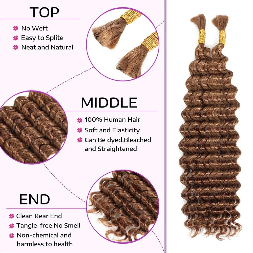 30# Deep Wave Bulk Human Hair For Braiding Boho Braids Crochet Micro Knotless Bohemian Braids Double Drawn Brown Color - Goodluck Hair