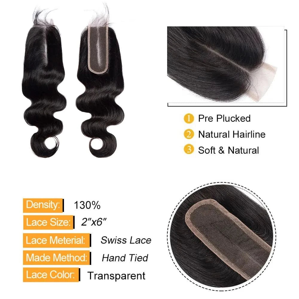 Body Wave 2x6 Closure Human Hair Transparent 2x6 Lace Closure Hair Extensions for Women Straight Hair Natural Color Pre Plucked - Goodluck Hair