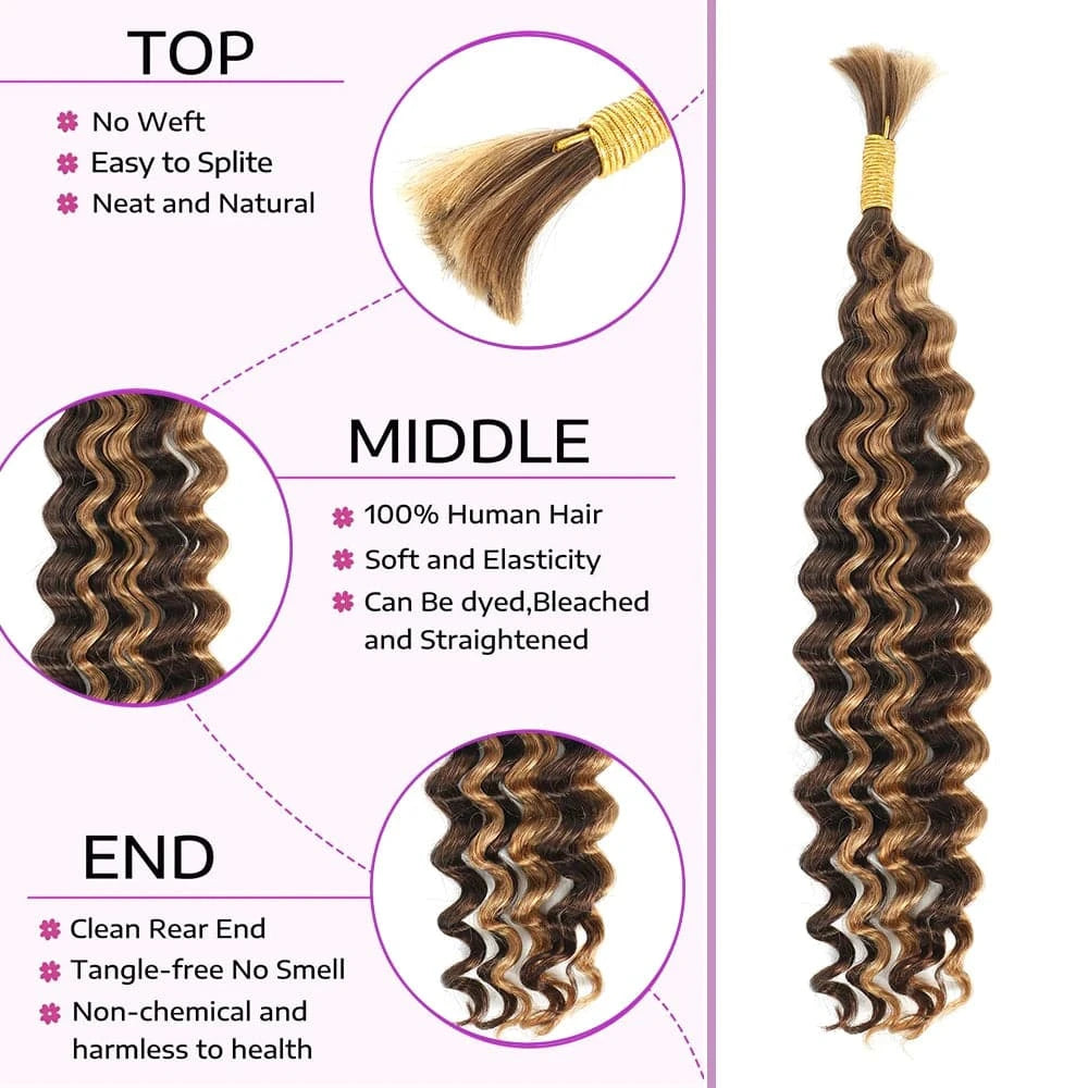 Highlight Deep Wave Braiding Human Hair For Boho Braids Crochet Micro Knotless Bohemian Box Braids Double Drawn Bulk Hair - Goodluck Hair