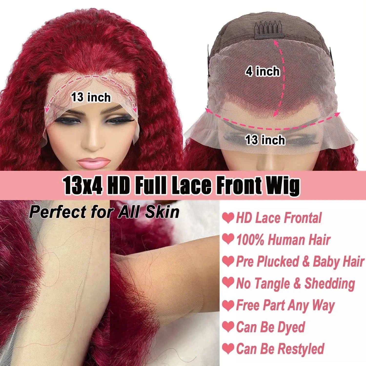 full frontal 13x4 wig red color deep wave wig