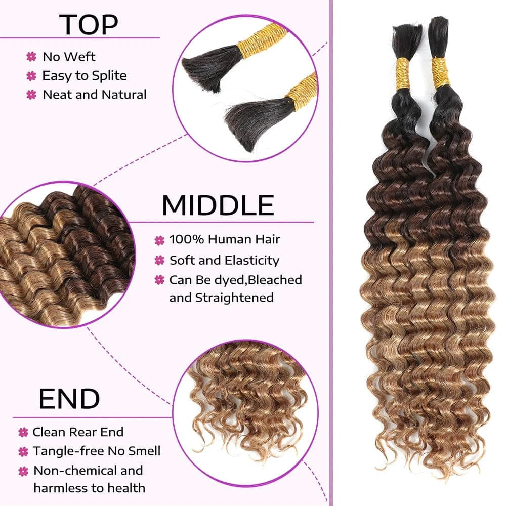 Deep Wave Bulk Braiding Human Hair For Crochet Boho Braids Omber T1B/4 /27 Micro Knotless Bohemian Braids Double Drawn - Goodluck Hair