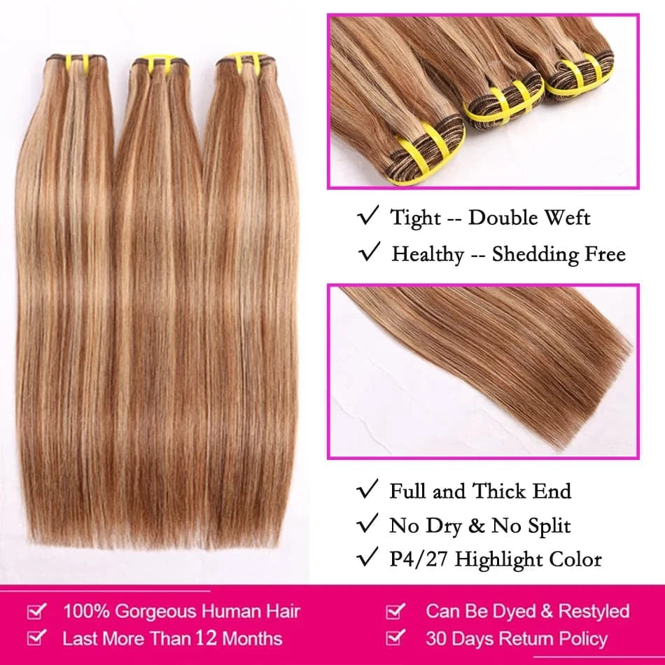 10A Highlight Bundles Human Hair Brown P4/27 Colored Brazilian 30 Inch 100% Straight Virgin Hair Weave Extensions For Women - Goodluck Hair