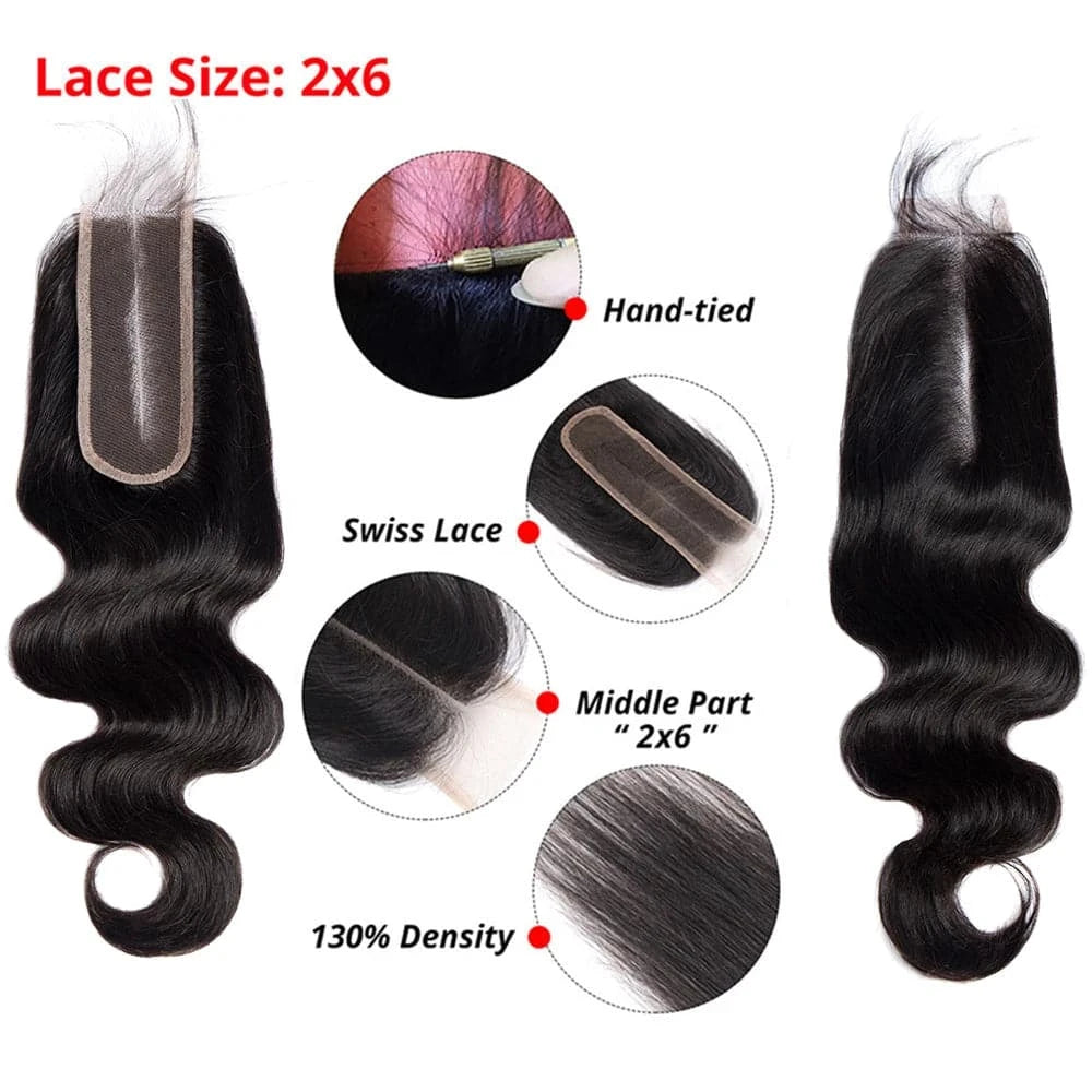 Body Wave 2x6 Closure Human Hair Transparent 2x6 Lace Closure Hair Extensions for Women Straight Hair Natural Color Pre Plucked - Goodluck Hair