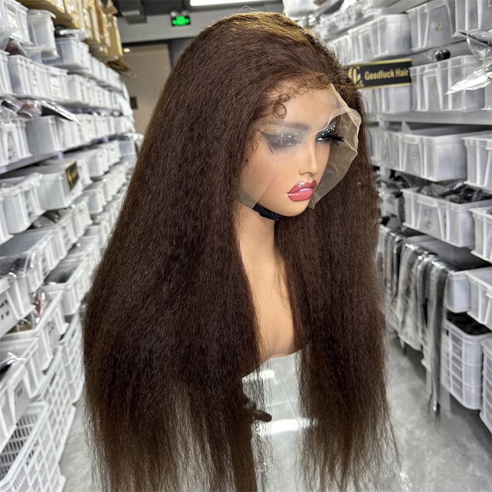 4C hairline full frontal 13x4 wig kinky straight brown color with curly baby hair - Goodluck Hair