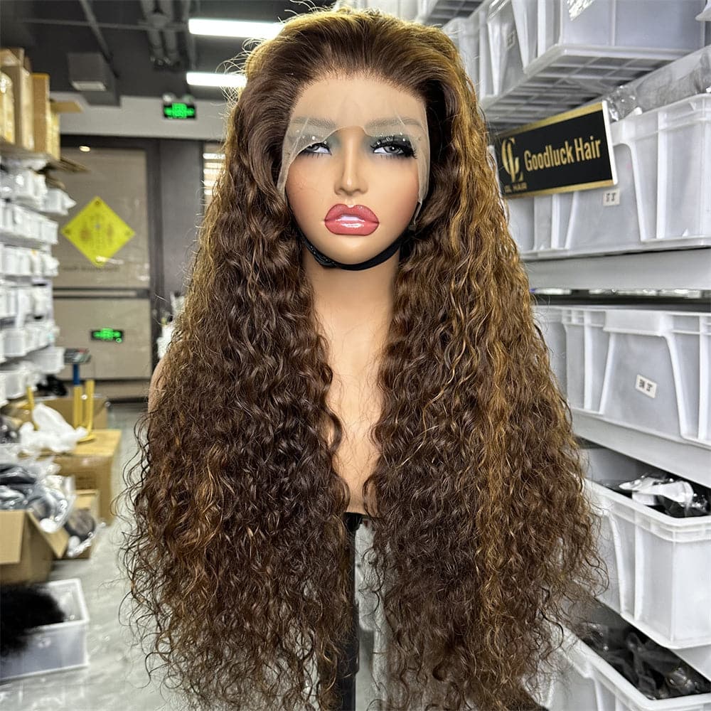 SDD 13x4 transparent full frontal lace wig natural wave highlight color 250% density - Goodluck Hair