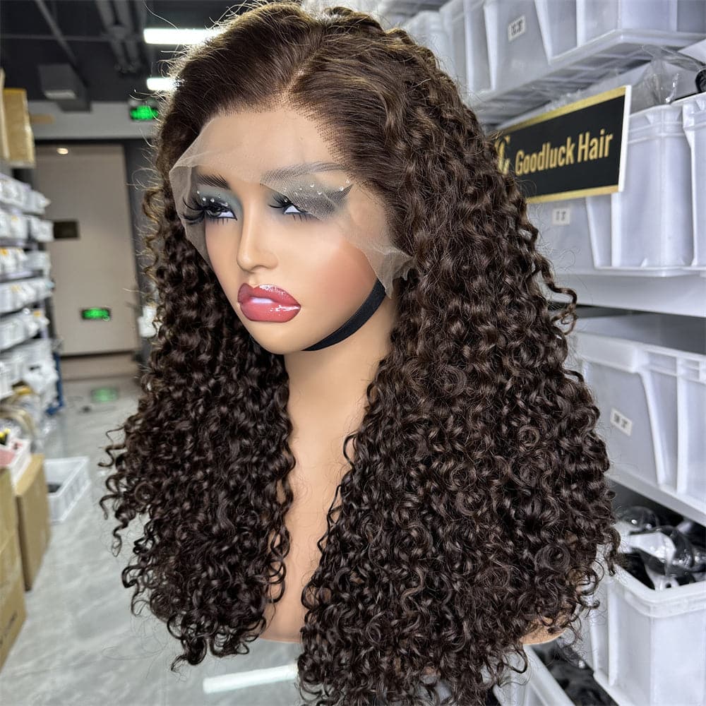 SDD 13x4 transparent full frontal lace wig pixie curly brown color 250% density - Goodluck Hair