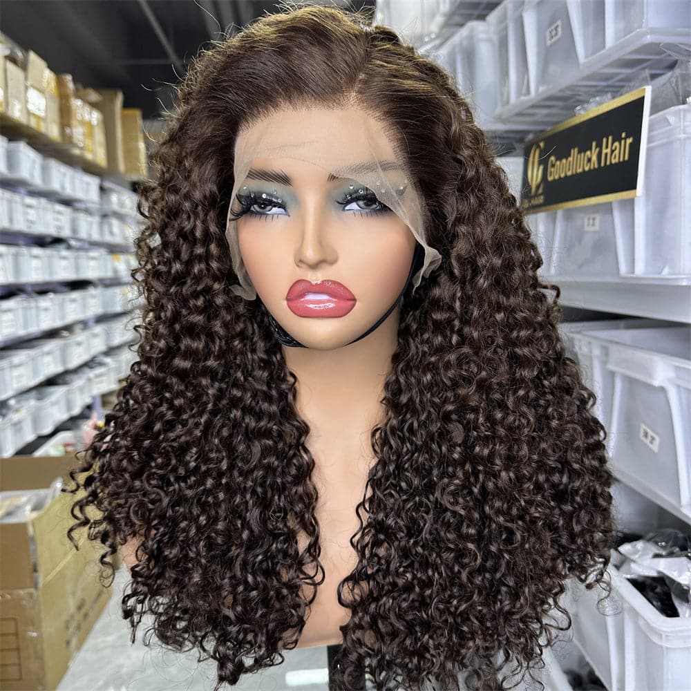 SDD 13x4 transparent full frontal lace wig pixie curly brown color 250% density - Goodluck Hair