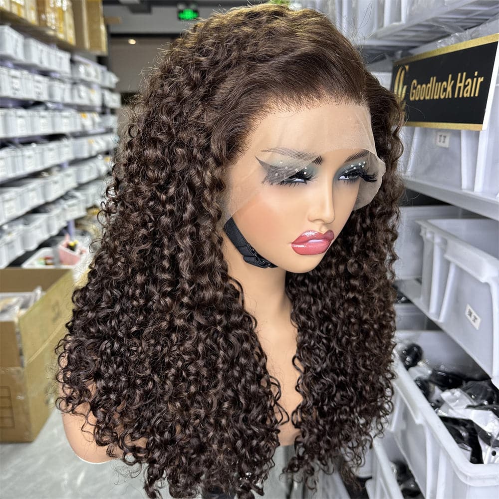 SDD 13x4 transparent full frontal lace wig pixie curly brown color 250% density - Goodluck Hair