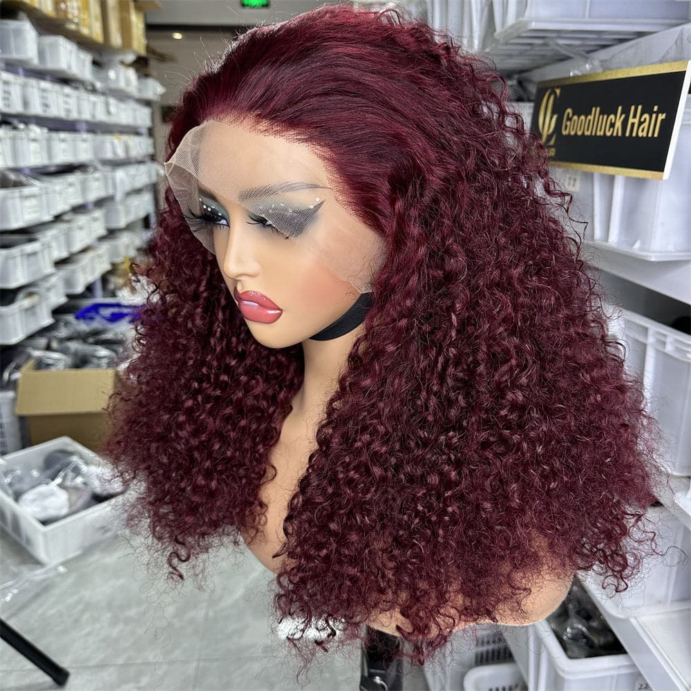 13x4 Transparent Full Frontal Lace Pixie Curly 99J Color Wig - Goodluck Hair