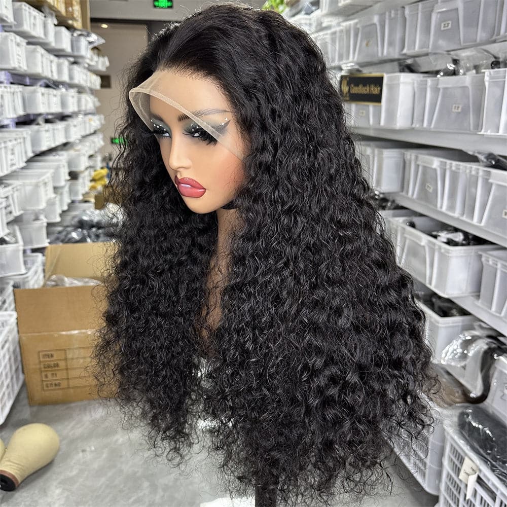 SDD 13x4 transparent full frontal lace wig water wave natural black color 250% density - Goodluck Hair