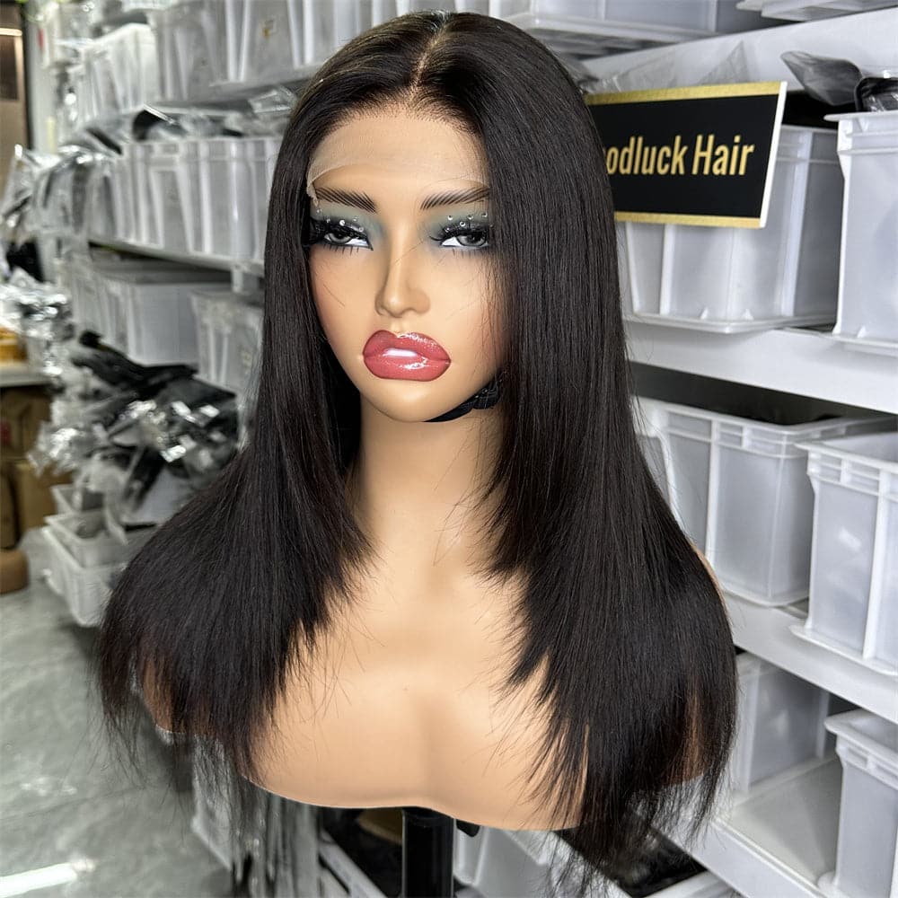 Natural Black color transparent 5x5 lace closure layer cut straight 180% density wig - Goodluck Hair