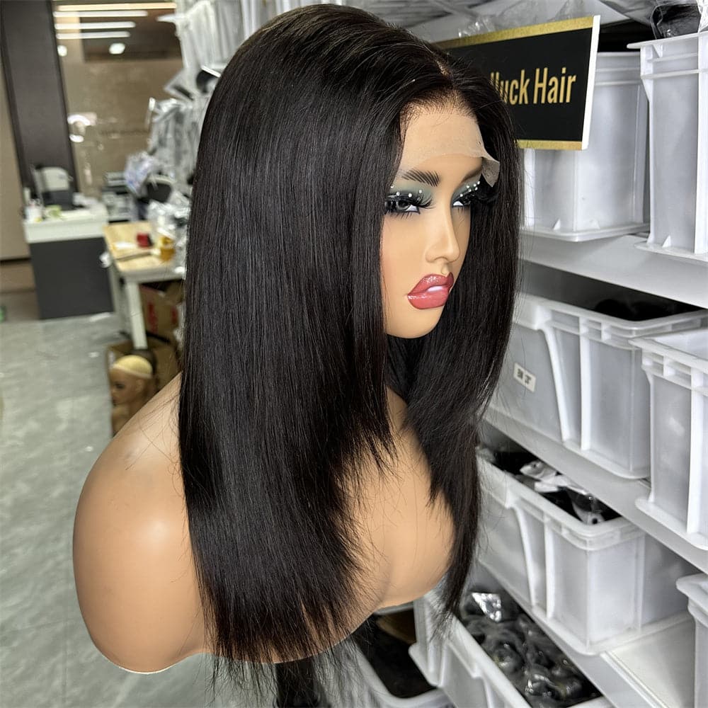 Natural Black color transparent 5x5 lace closure layer cut straight 180% density wig - Goodluck Hair