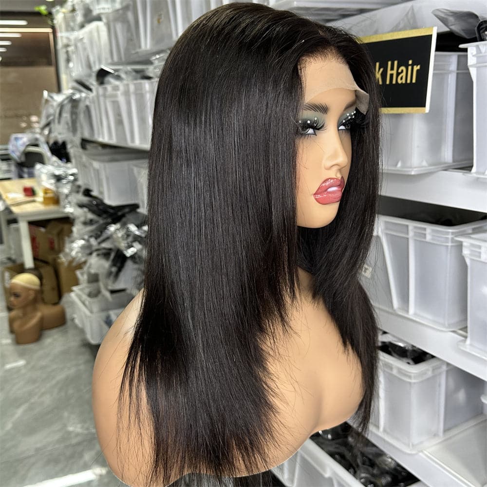 Natural Black color transparent 5x5 lace closure layer cut straight 180% density wig - Goodluck Hair