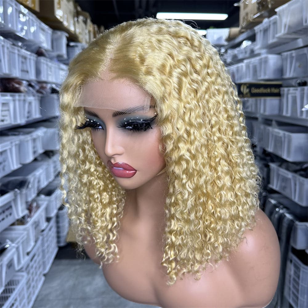 613# blonde color transparent 4x4 lace closure curly bob wig - Goodluck Hair